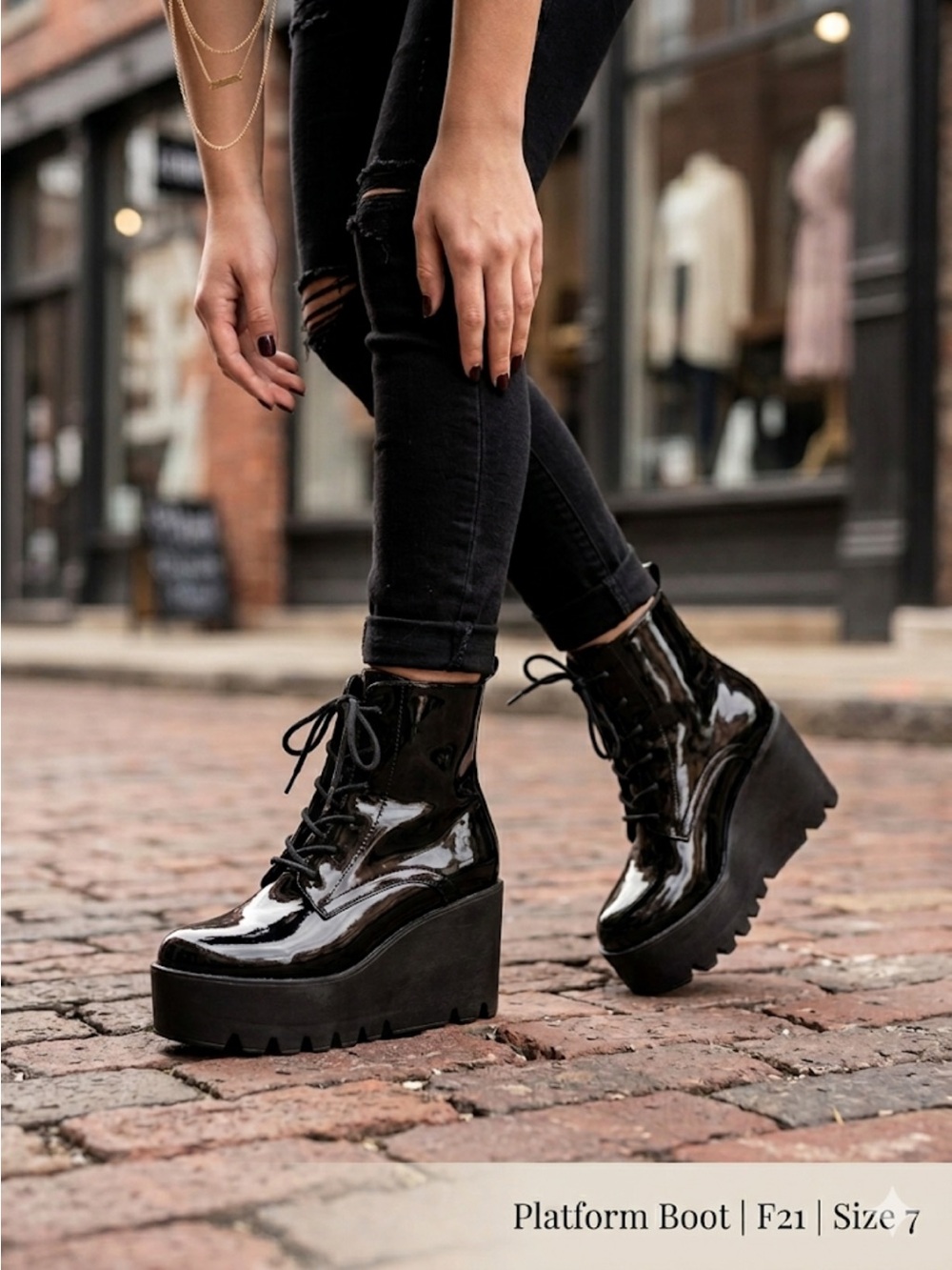 Forever 21 Black Patent Platform Lace-Up Ankle Boots size 7